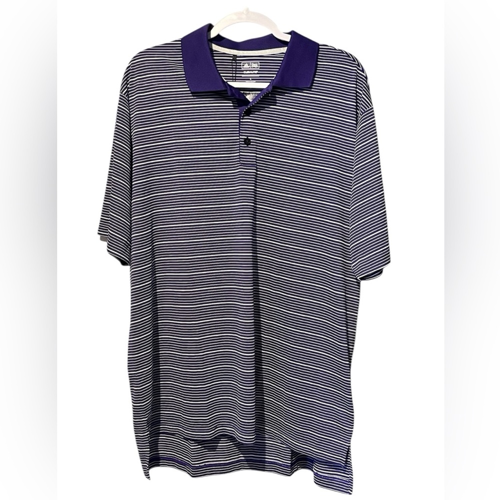 NWT Adidas Men’s Purple & White Climalite Striped Golf Shirt Relaxed Fit Large